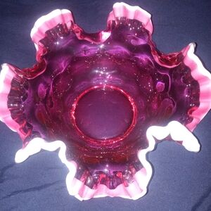 Vintage Fenton Cranberry Opalescent Spiral optic Swirl Ruffle Bowl
